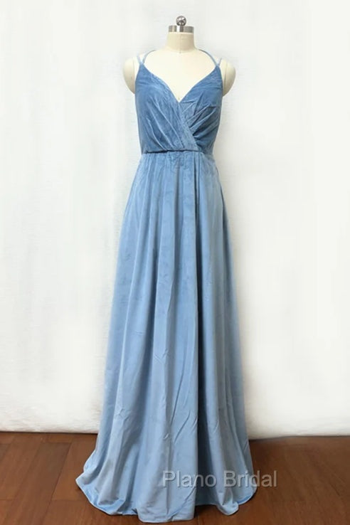 Double-Strap Dusty Blue Velvet Long Bridesmaid Dresses