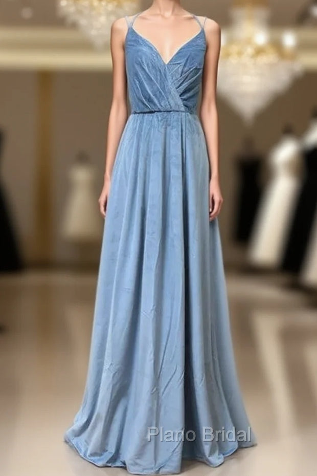 Double-Strap Dusty Blue Velvet Long Bridesmaid Dresses