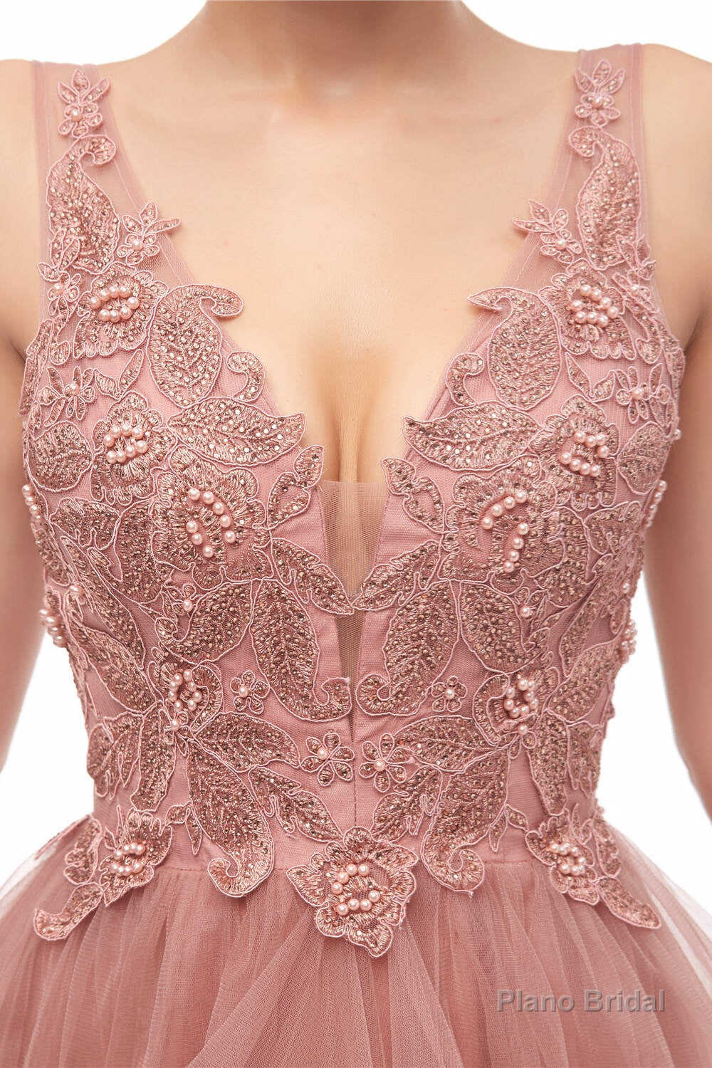 Double V-Neck Beaded Applique Layered Tulle Prom Dresses