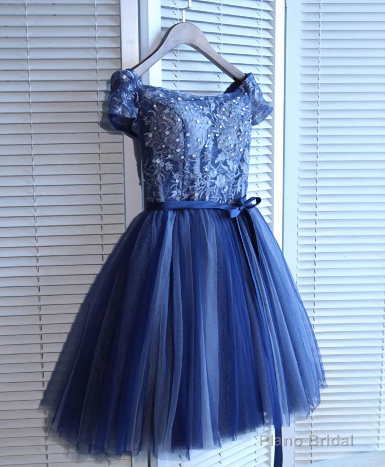 Blue Lace Off Shoulder Short Prom Dress, Blue Evening Dress Secondary image
