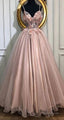 A Line V Neck Tulle Long Prom Dresses, Pearl Pink Appliques Formal Evening Dress