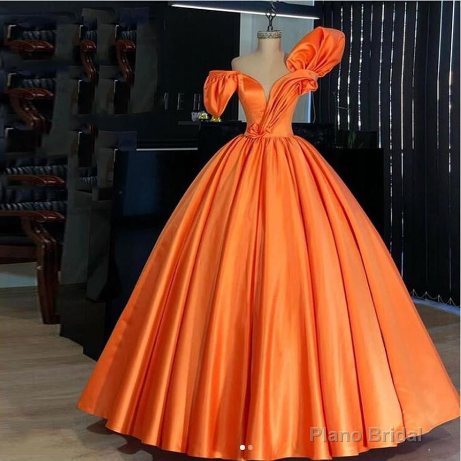 Orange Satin Puffy Prom Dresses, Vintage Pleated 3D Flower Long Prom Gowns Plus Size Formal Party Dress Main image
