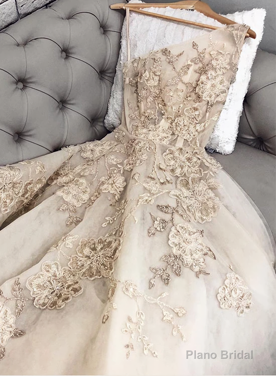 Champagne Lace Tulle Long Prom Dress, One Shoulder Evening Dress Main image