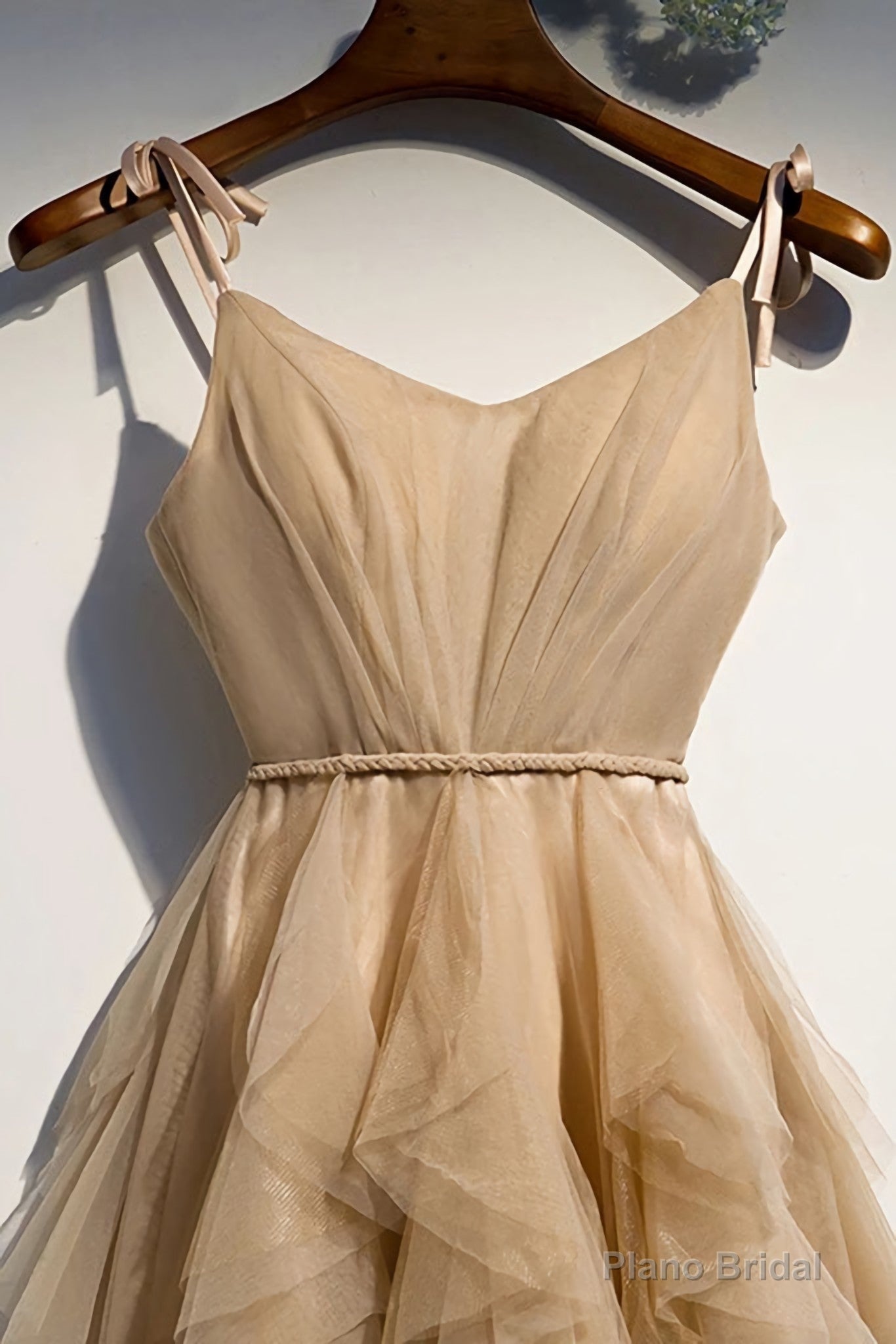 A Line Champage Spaghetti Straps Ruffles Tulle Prom Dresses, Lace Up Prom Gowns Secondary image