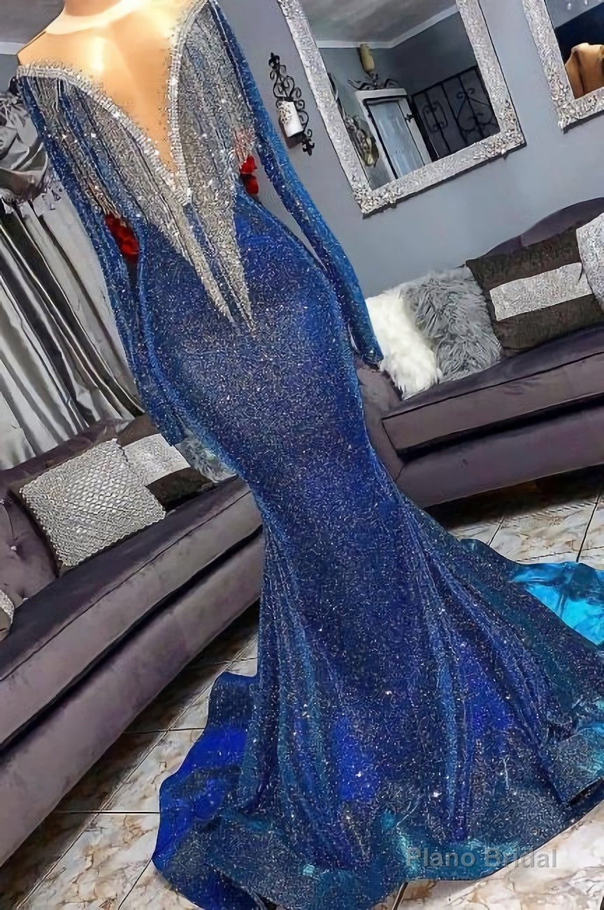 Luxury Navy Blue Long Sleeve Mermaid Prom Dresses, Sequines See Through Neckline Evening Dresses