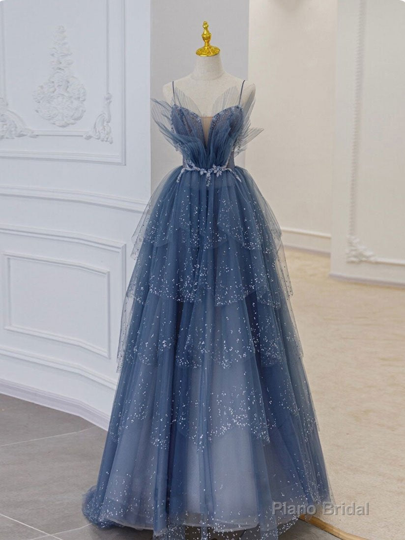 Blue Sweetheart Tulle Sequin Long Prom Dress, Blue Evening Dress Main image