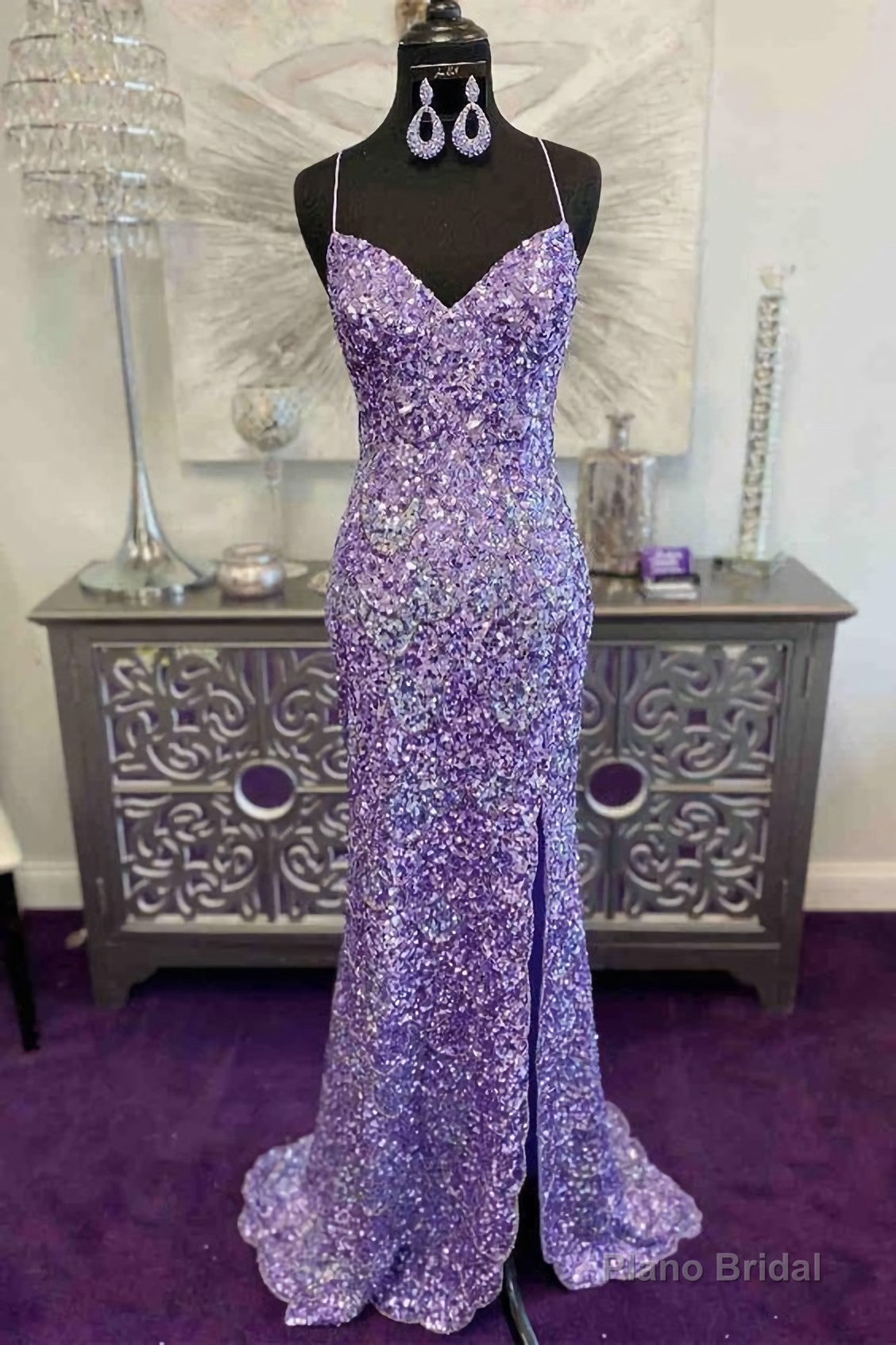 Glitter Lavender Sequins Prom Dresses, Long Formal Dress With Slit Main image