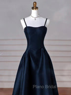 Dreamy Dark Blue Spaghetti Straps Satin Formal Prom Dresses