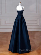 Dreamy Dark Blue Spaghetti Straps Satin Formal Prom Dresses