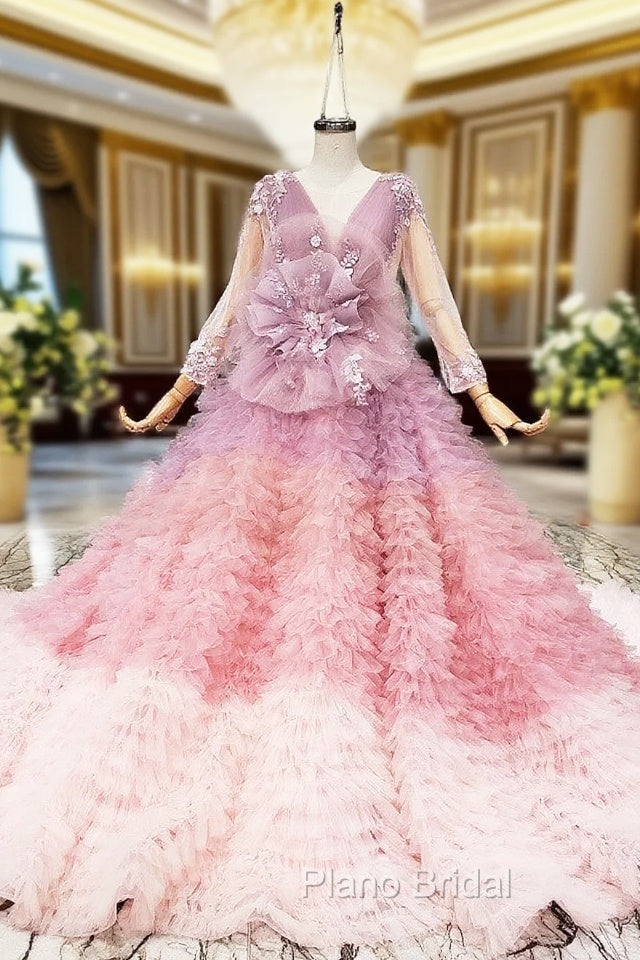 Dreamy Pink Ball Gown V-neck Long Sleeve Tulle Pleats Appliques Wedding Dresses Main image