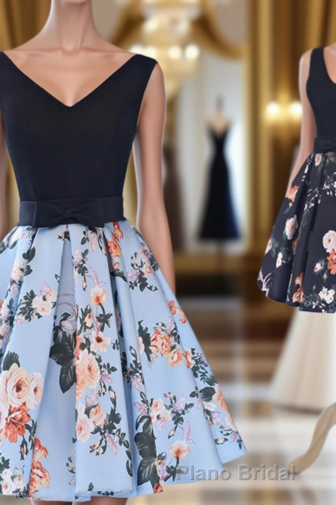 Cute V-Neck Floral Formal Prom Dresses, A-Line Homecoming Dresses Main image