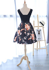 Cute V-Neck Floral Formal Prom Dresses, A-Line Homecoming Dresses