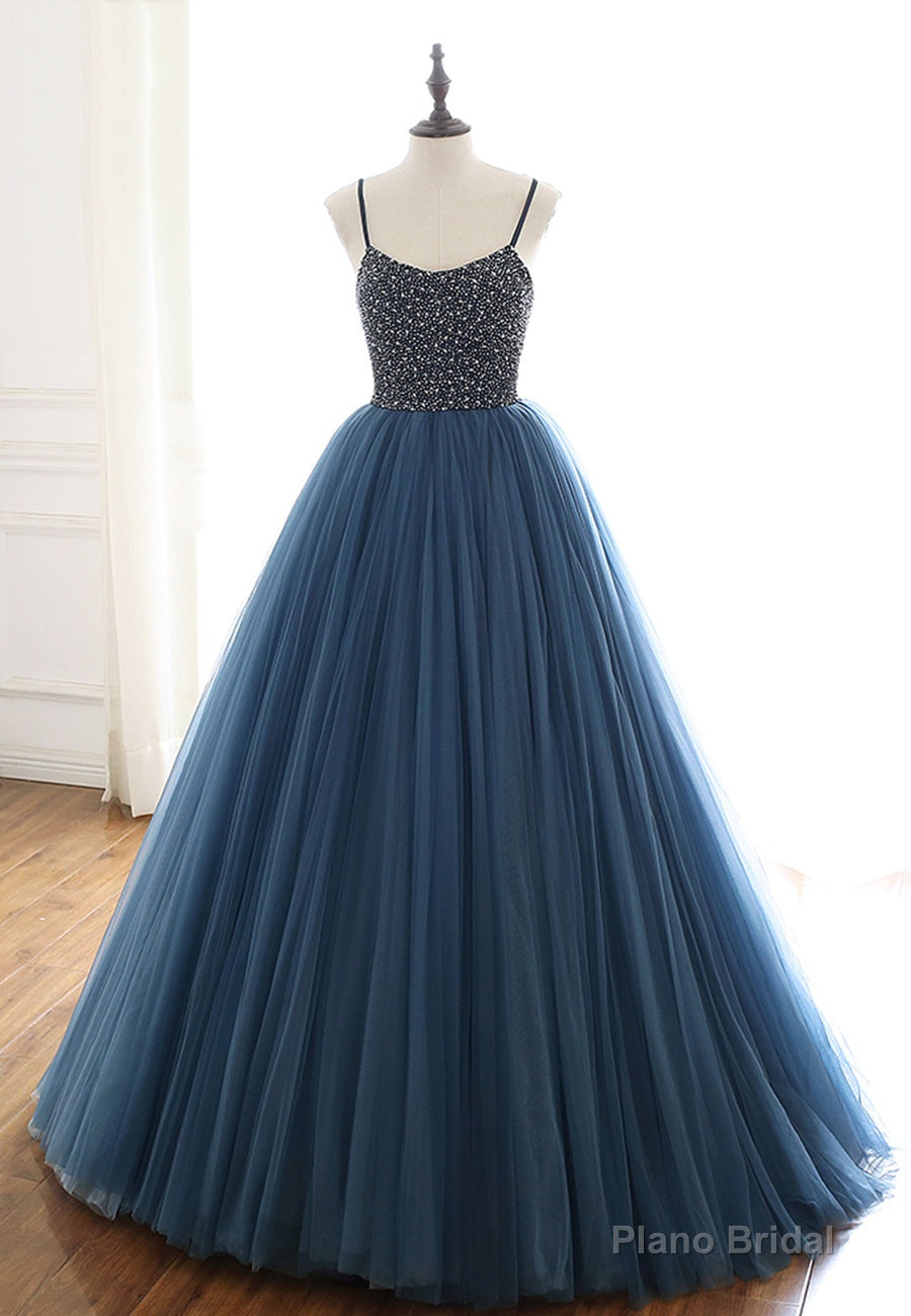 Blue Tulle Long Prom Dresses, A-Line Evening Dresses with Beading Main image