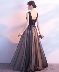 Black Tulle V Neck Long Prom Dress Black Evening Dress