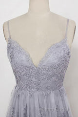 Spaghetti Straps Long Lace Formal Prom Gown, A Line V Neck Sleeveless Prom Dresses