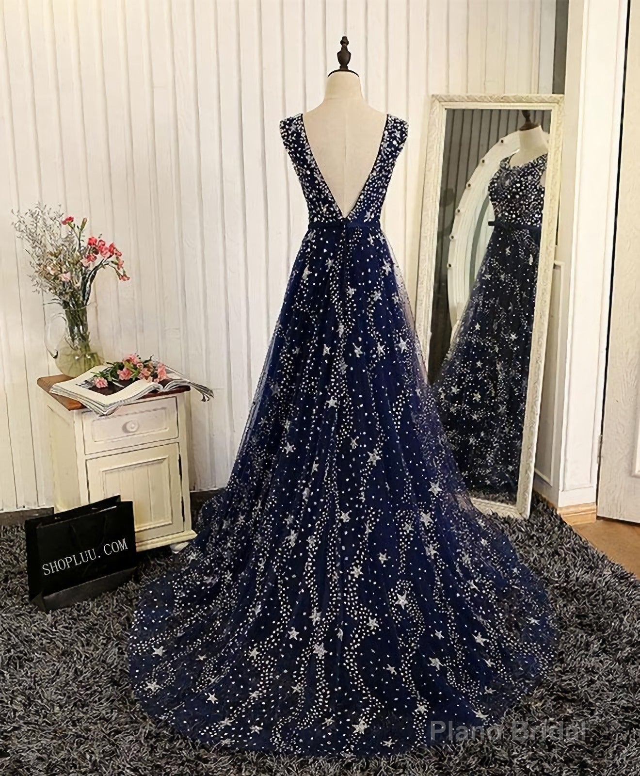 Blue Beaded Sequins Long Prom Dress, Blue Evening Dress Secondary image