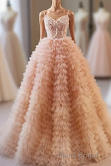 Unique V Neck Tulle Sequin Orange Pink Long Formal Prom Dresses, Orange Pink Sweet 16 Dresses