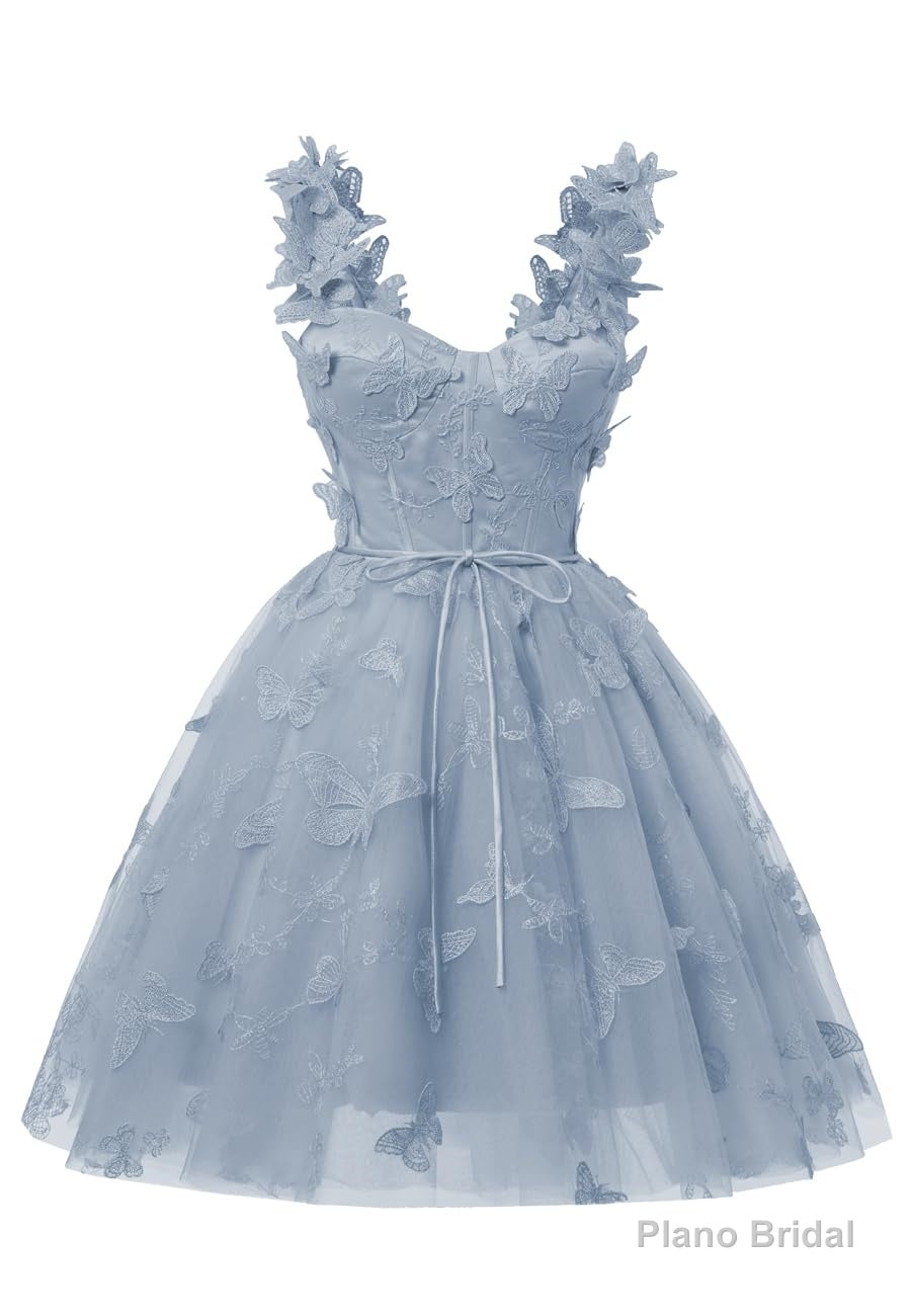 Dusty Blue 3D Butterfly Lace Applique Tulle Homecoming Dress for Teens Sweetheart Mini Short Prom Dresses Secondary image
