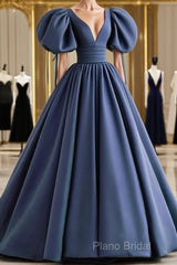 Dusty Blue Formal Prom Dresses Puffy Sleeve Satin Ball Gown