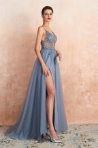 Spaghetti Straps V-neck Sheer Top Tulle Long Prom Dresses with Side Slit