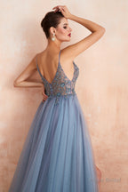 Spaghetti Straps V-neck Sheer Top Tulle Long Prom Dresses with Side Slit