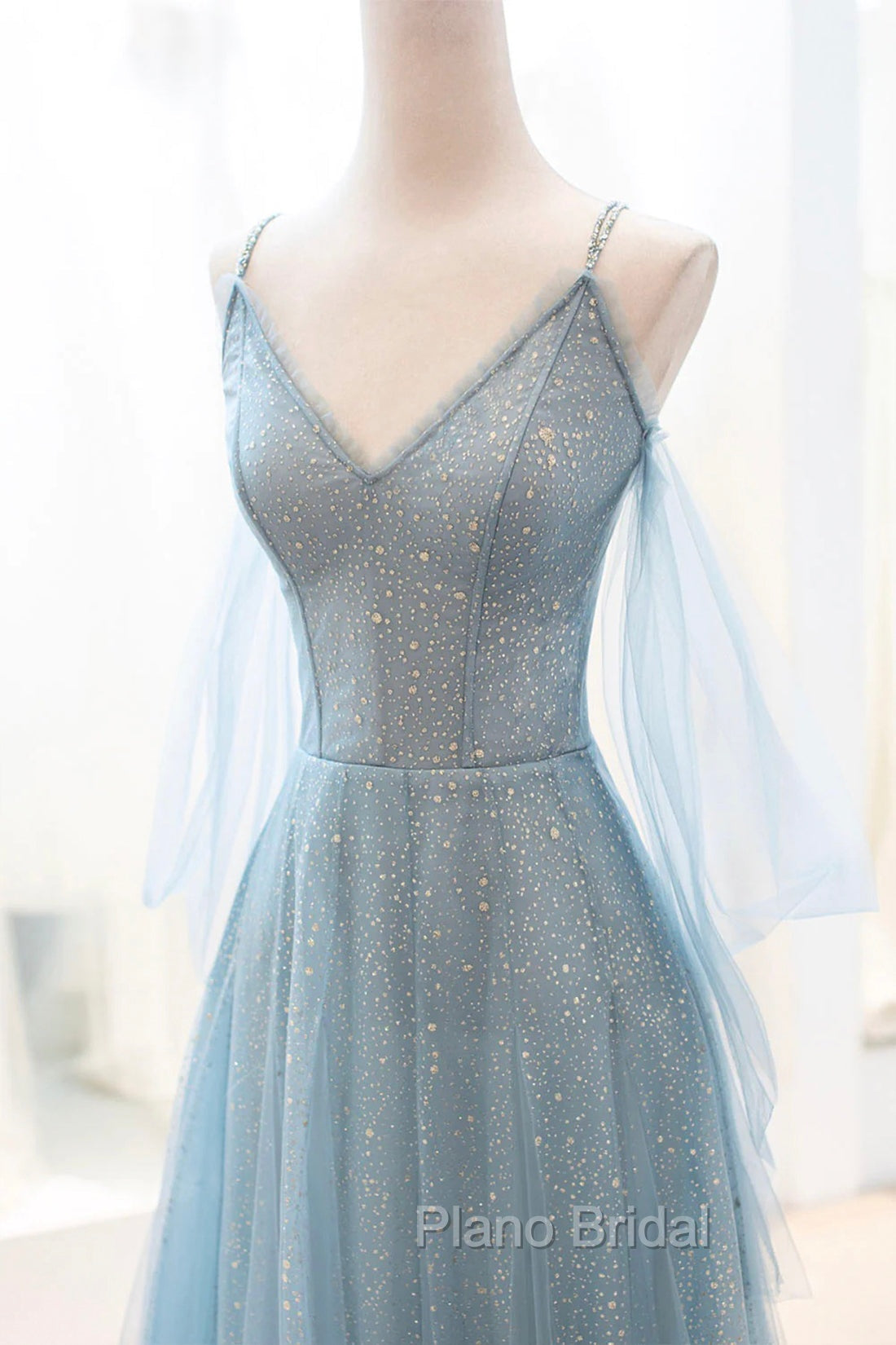 Dusty Blue Sparkly Tulle Long Formal Prom Dresses, A-Line Spaghetti Strap Evening Dresses