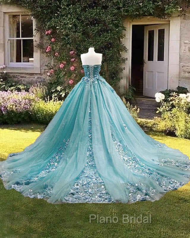 Dusty Blue Sweetheart Ball Gown Quinceanera Dresses Strapless with 3D Flowers Secondary image