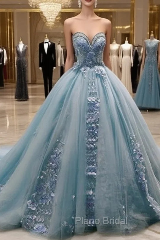 Dusty Blue Sweetheart Ball Gown Quinceanera Dresses Strapless with 3D Flowers Main image