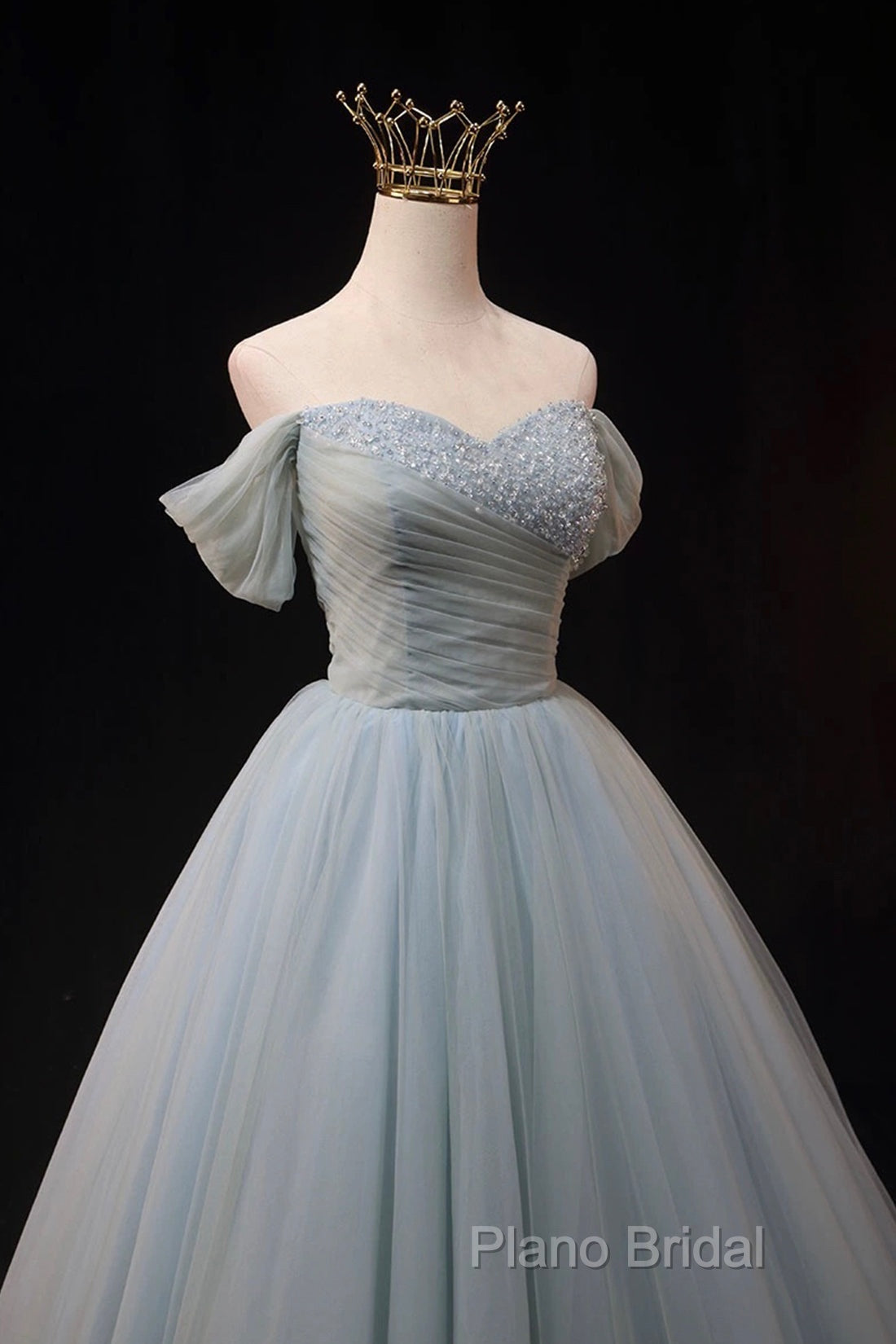 Dusty Blue Tulle Beaded Floor Length Formal Dresses, Off The Shoulder A-Line Formal Party Dresses Secondary image