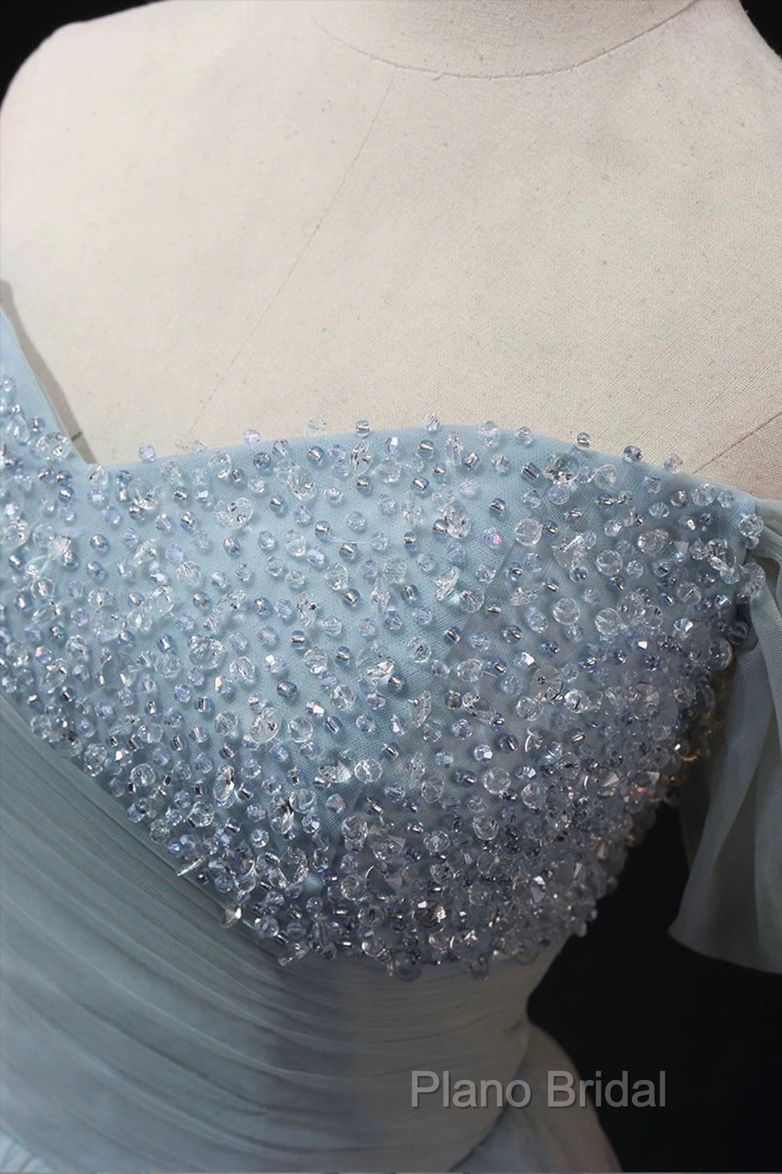 Dusty Blue Tulle Beaded Floor Length Formal Dresses, Off The Shoulder A-Line Formal Party Dresses