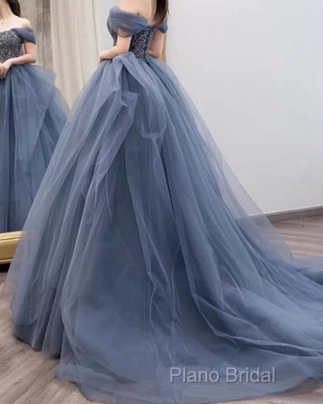 Dusty Blue Tulle Formal Prom Dresses Off Shoulder Secondary image