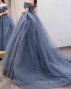 Dusty Blue Tulle Formal Prom Dresses Off Shoulder