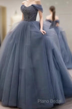 Dusty Blue Tulle Formal Prom Dresses Off Shoulder