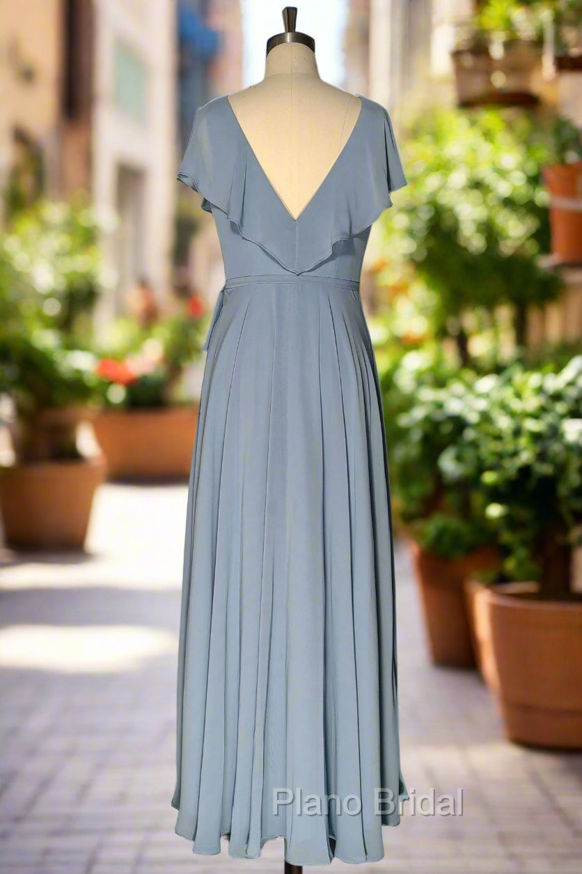 Dusty Blue V-Neck Chiffon Bridesmaid Dresses Backless Ruffled Split for Teens A-Line Long Bridesmaid Dresses