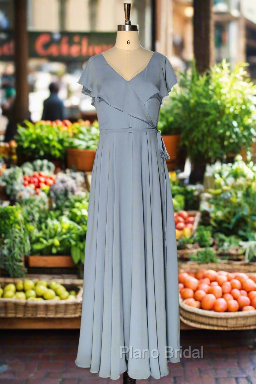 Dusty Blue V-Neck Chiffon Bridesmaid Dresses Backless Ruffled Split for Teens A-Line Long Bridesmaid Dresses Main image