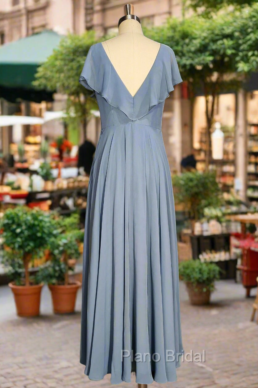 Dusty Blue V-Neck Chiffon Bridesmaid Dresses Backless Ruffled Split for Teens A-Line Long Bridesmaid Dresses
