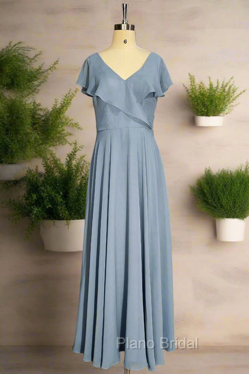 Dusty Blue V-Neck Chiffon Bridesmaid Dresses Backless Ruffled Split for Teens A-Line Long Bridesmaid Dresses Main image