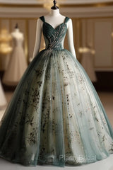 Dusty Green Ball Gown Beaded Tulle Formal Dresses, Ball Gown Sweet 16 Dresses