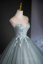 Dusty Green Tulle Floor Length Formal Prom Dresses with Lace, Elegant A-Line Formal Evening Dresses