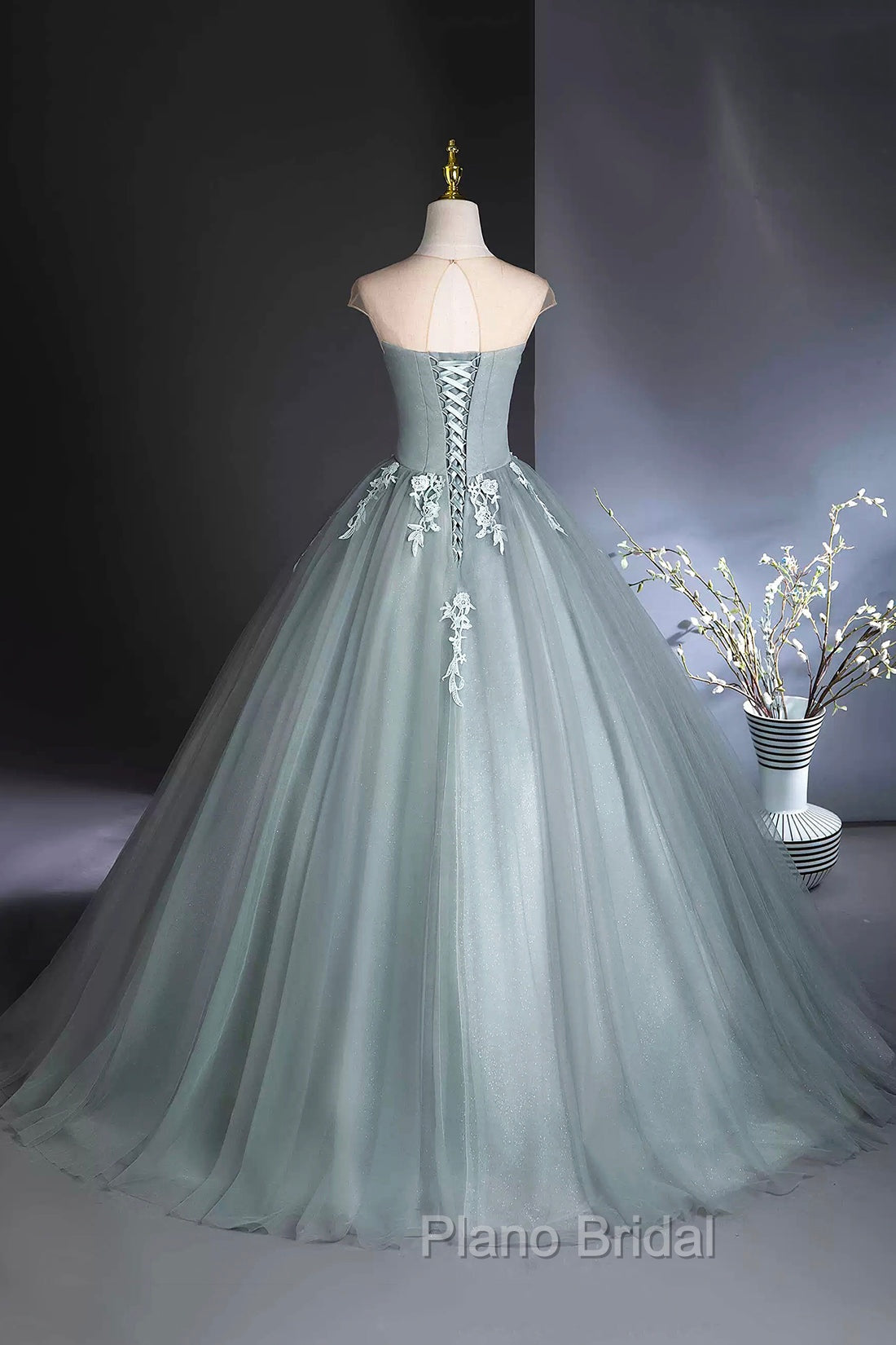 Dusty Green Tulle Floor Length Formal Prom Dresses with Lace, Elegant A-Line Formal Evening Dresses