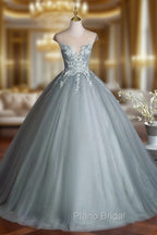Dusty Green Tulle Floor Length Formal Prom Dresses with Lace, Elegant A-Line Formal Evening Dresses