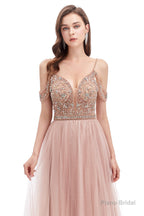 Dusty Pink Crystal Sparkle Starry Prom Dresses with Straps Backless