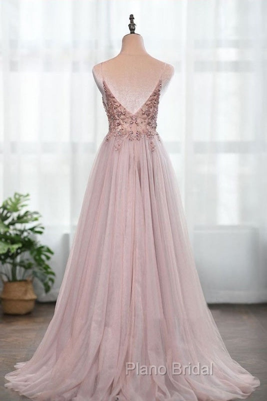 Dusty Pink Spaghetti Straps Gorgeous Beading Formal Prom Dresses A Line Split Tulle Evening Dresses Secondary image
