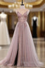Dusty Pink Spaghetti Straps Gorgeous Beading Formal Prom Dresses A Line Split Tulle Evening Dresses