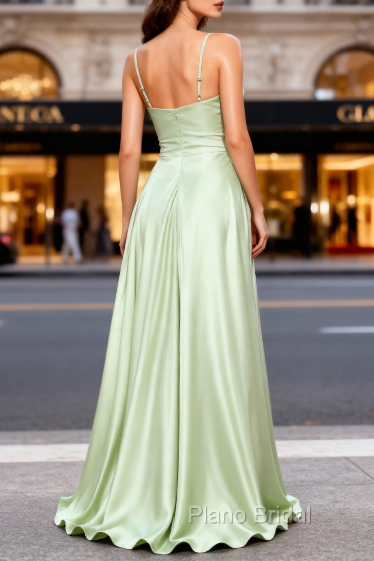 Dusty Sage A Line Cowl Neck Satin Long Formal Prom Dresses with Pleated Secondary image