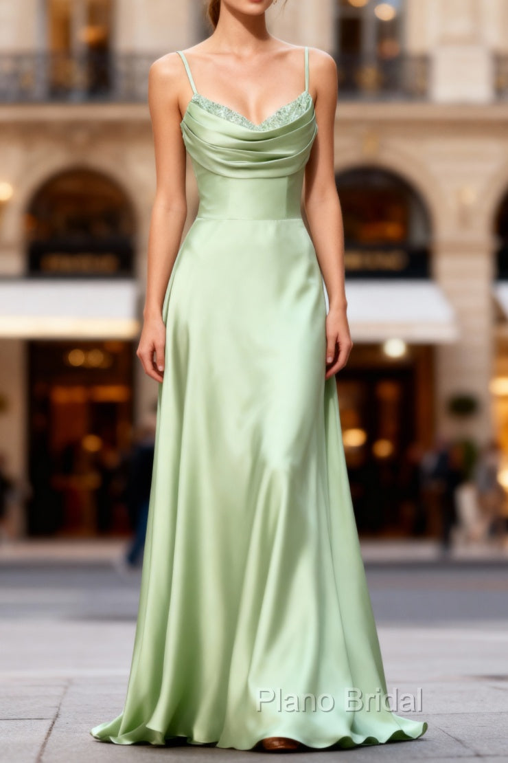 Dusty Sage A Line Cowl Neck Satin Long Formal Prom Dresses with Pleated