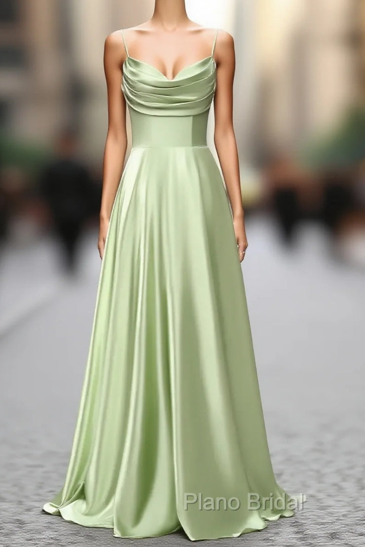 Dusty Sage A Line Cowl Neck Satin Long Formal Prom Dresses with Pleated Main image