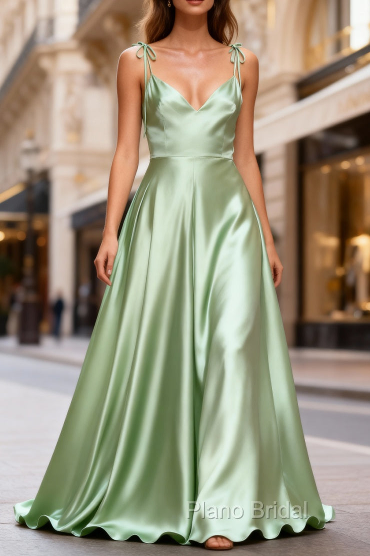 Dusty Sage Classy Satin Long Formal Prom Dresses with Pleated Main image