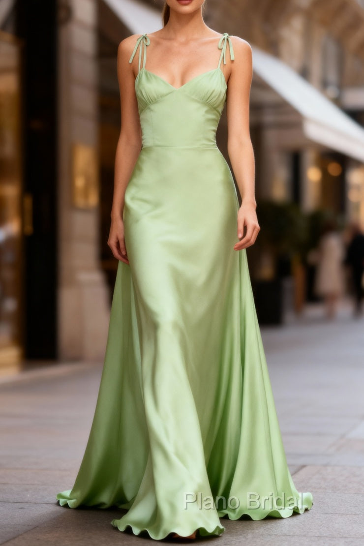 Dusty Sage Cute Satin Long Formal Prom Dresses with Pleated