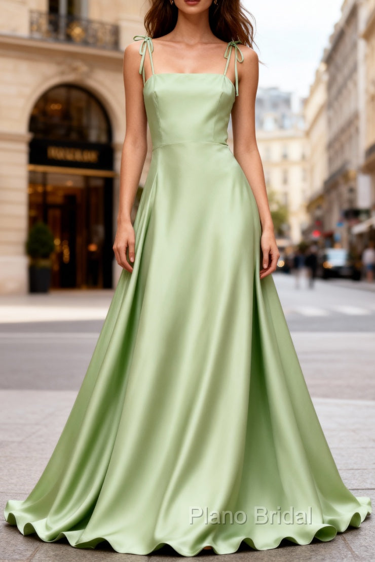 Dusty Sage Elegant Satin Long Formal Prom Dresses with Pleated Main image